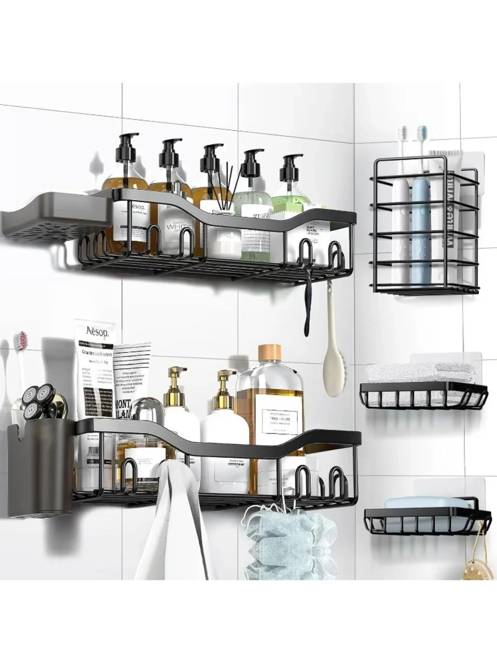 New 7 Pack Adhesive Shower Caddy Stainless Steel Organizer 24 Hooks No Drill Set